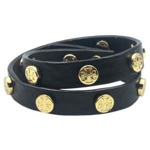 Tory Burch Leather Logo Stud Double Wrap Bracelet